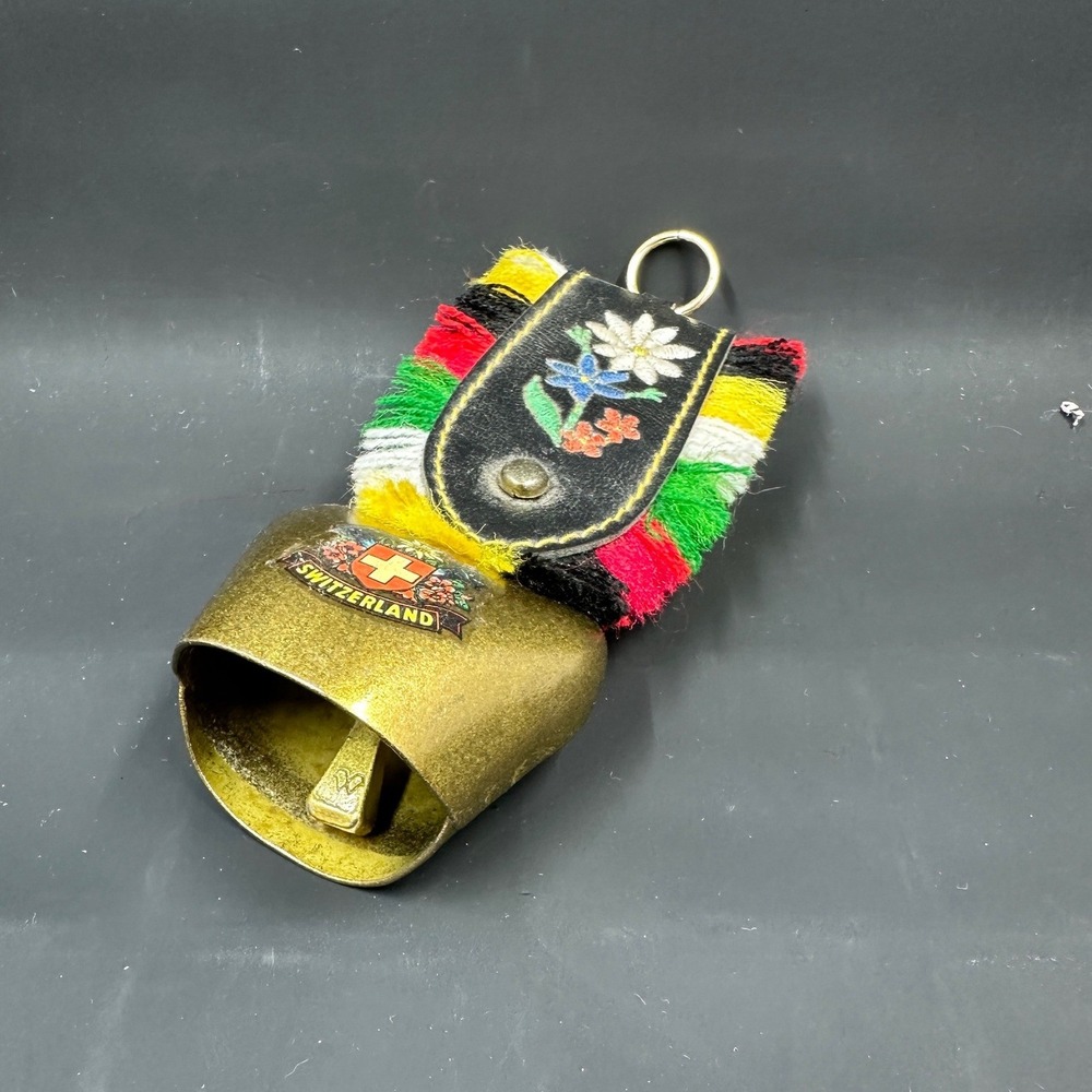 Swiss Cowbell Souvenir Gold Embroidered Leather Strap